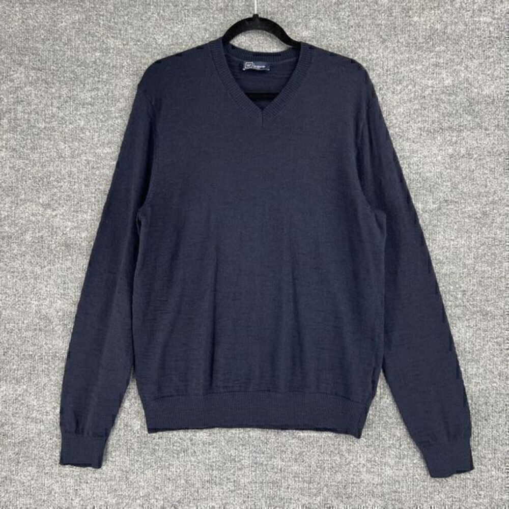 Gap Mens Sweater Large Navy Merino Wool V Neck Slub Knit Pullover Basic Casual